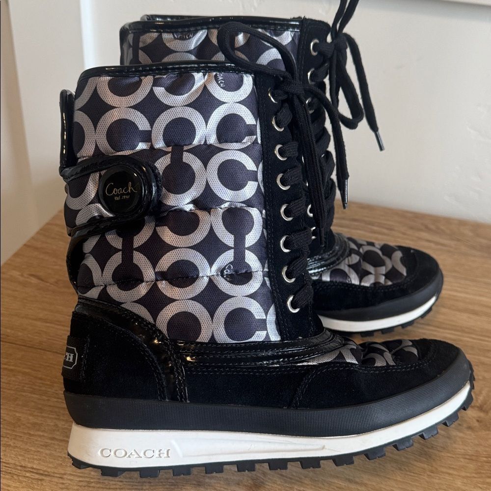 Coach DOREAN Monogram Women’s Black and Gray Nylon Suede Winter Boots Size 6.5 - Picture 7 of 13